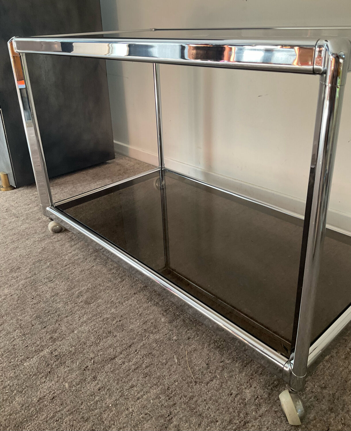 Vintage coffee table 70s chrome and smoked glass