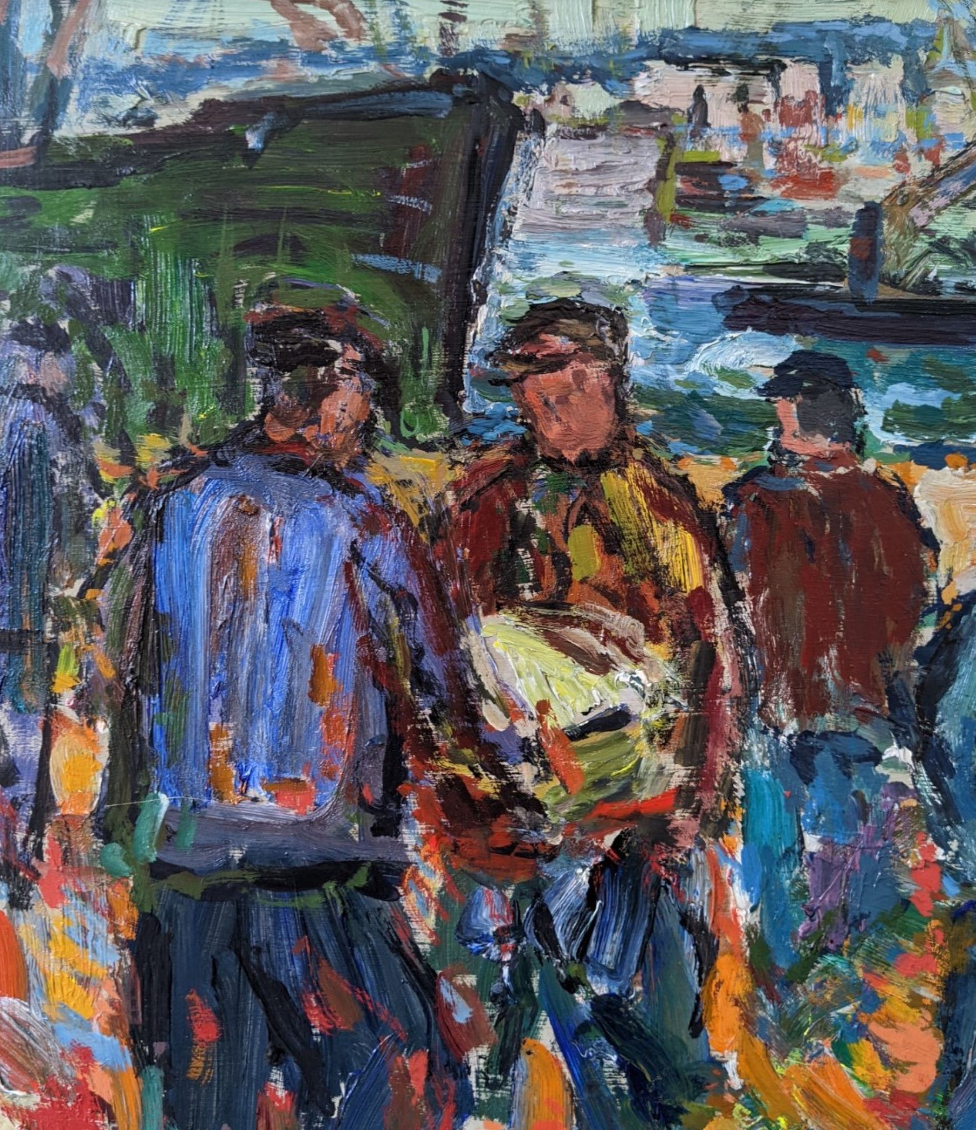 Mid-Century Modern Swedish "Coastal Dock" Vintage Figurative Oil Painting, Framed