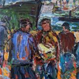 Peinture à l’huile figurative vintage suédoise « Coastal Dock » du milieu du siècle, encadrée