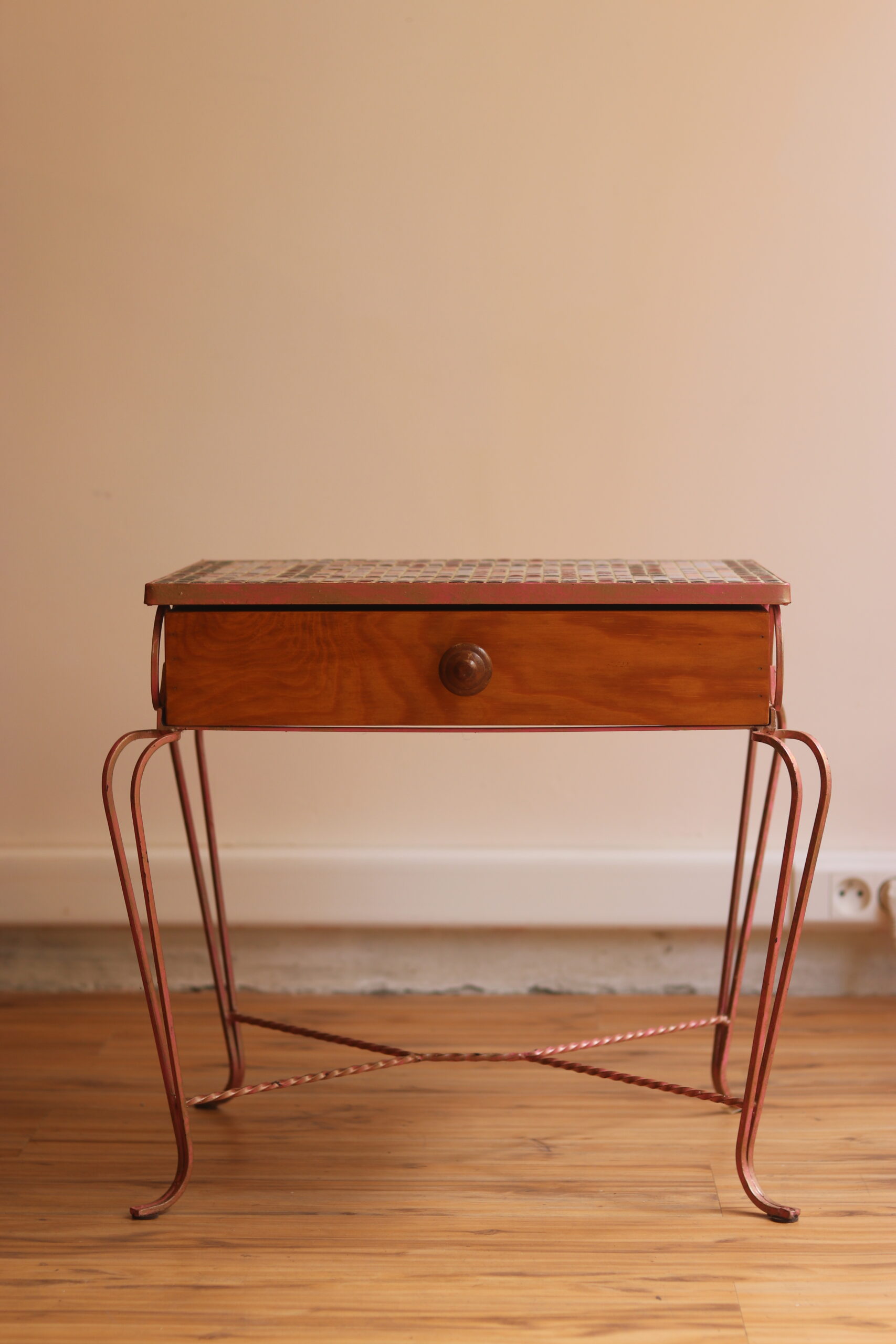 Small side table in wrought iron and mosaic, 1950s-60s.