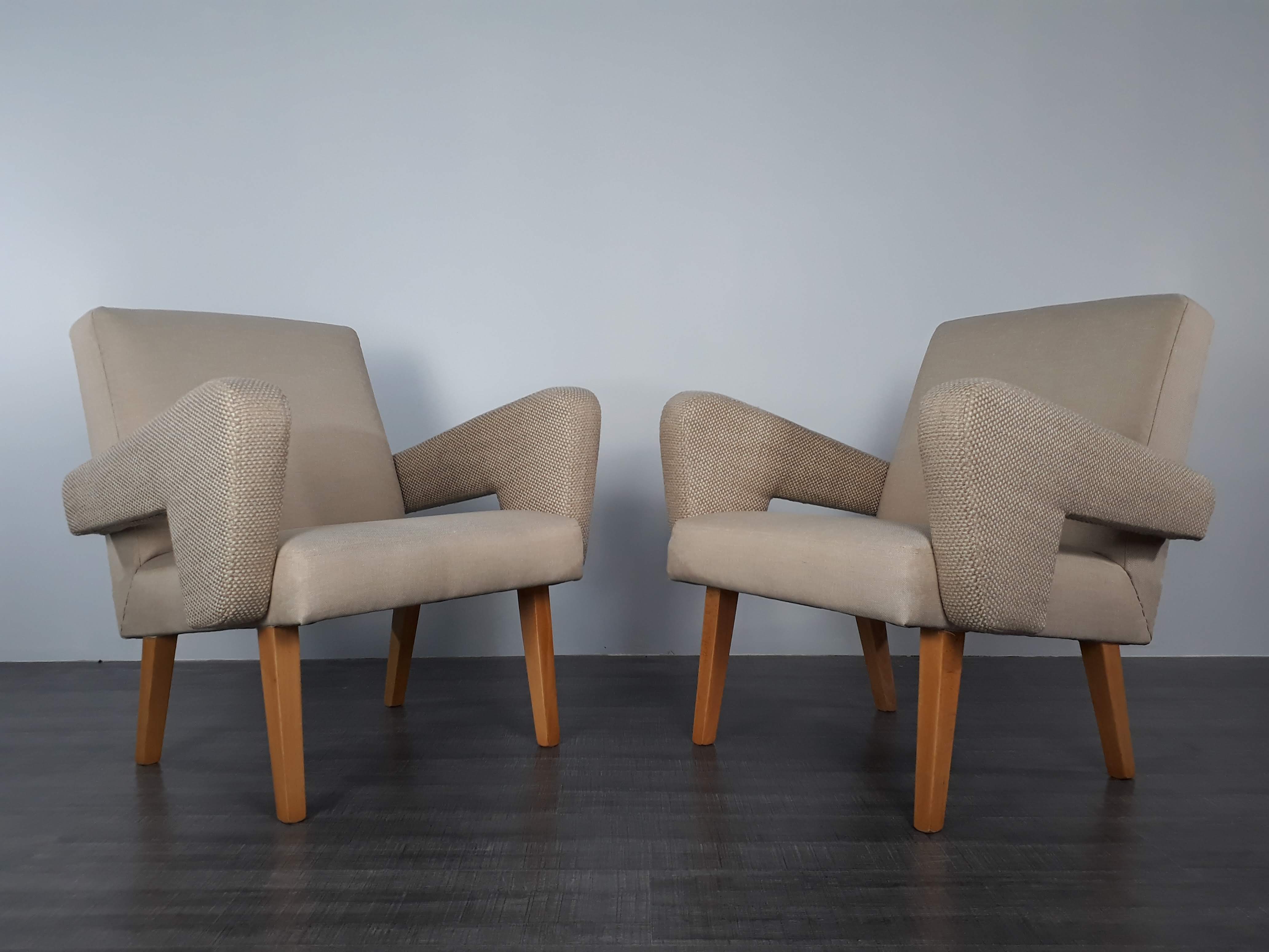 Pair of Jitona armchairs reupholstered Beige Fabric, Czech 1960s