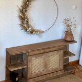 Antique TV cabinet in solid raw oak and canework
