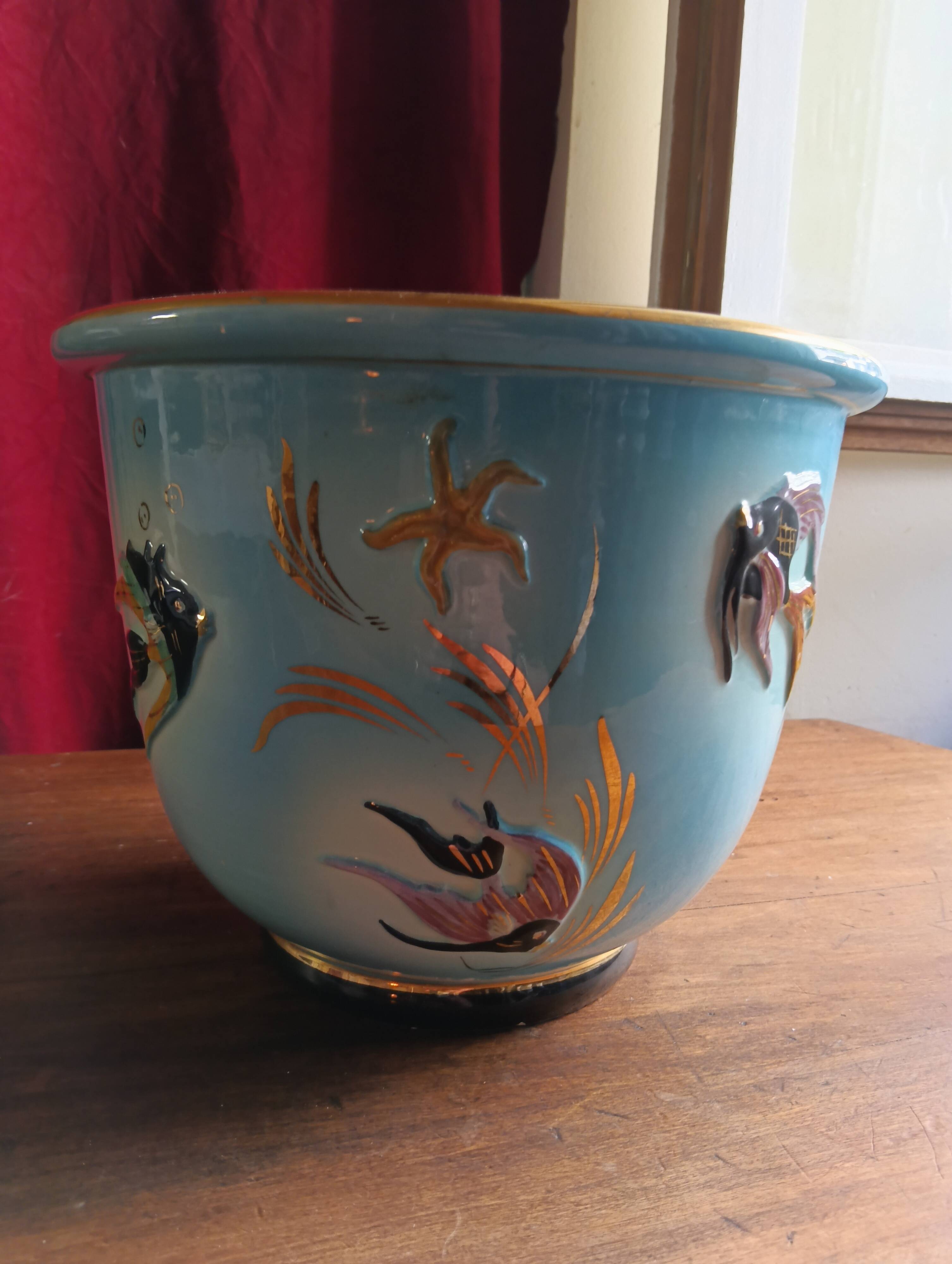 VINTAGE MONACO CERAMIC CACHE POT WITH RELIEF MARINE DECORATION & GOLD