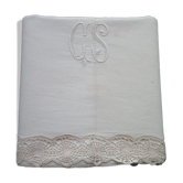 Drap ancien en métis bis monogrammé CS Bordure en retour au crochet 2.07 x 2.90 m