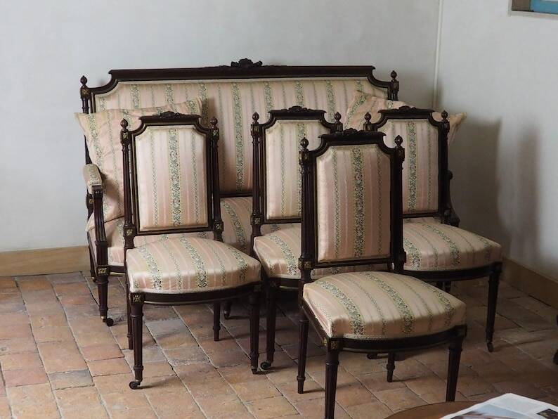 Antique French Empire Style Sofa and Chairs: Pink Satin Furniture Set