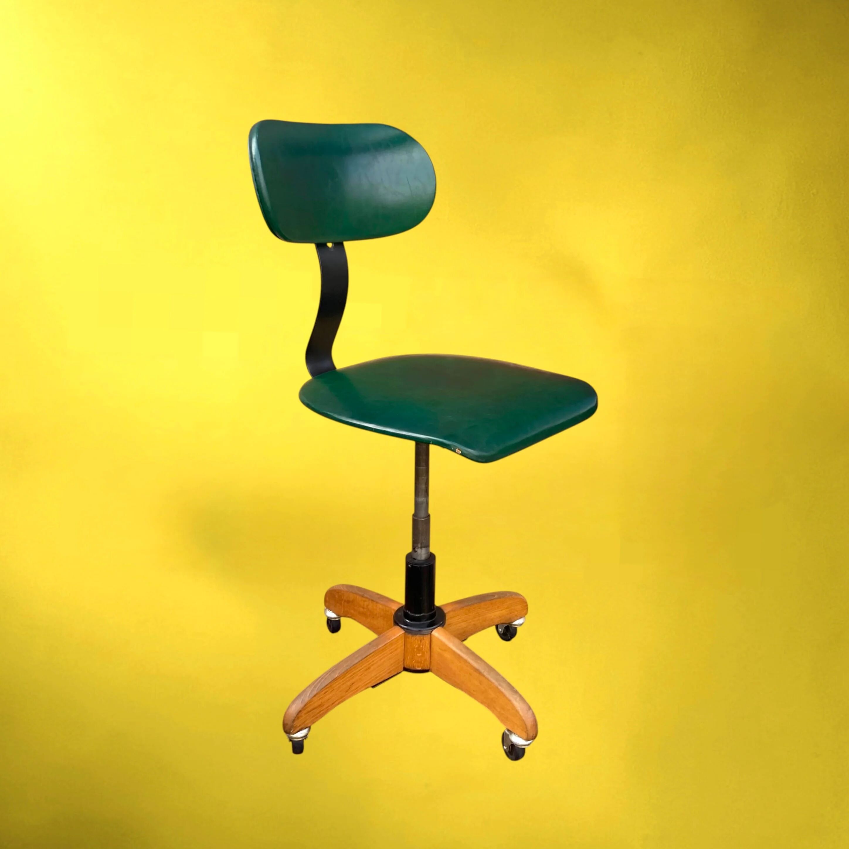Polster office chair Gleich Klöber in green faux leather, wood and metal – mid-century