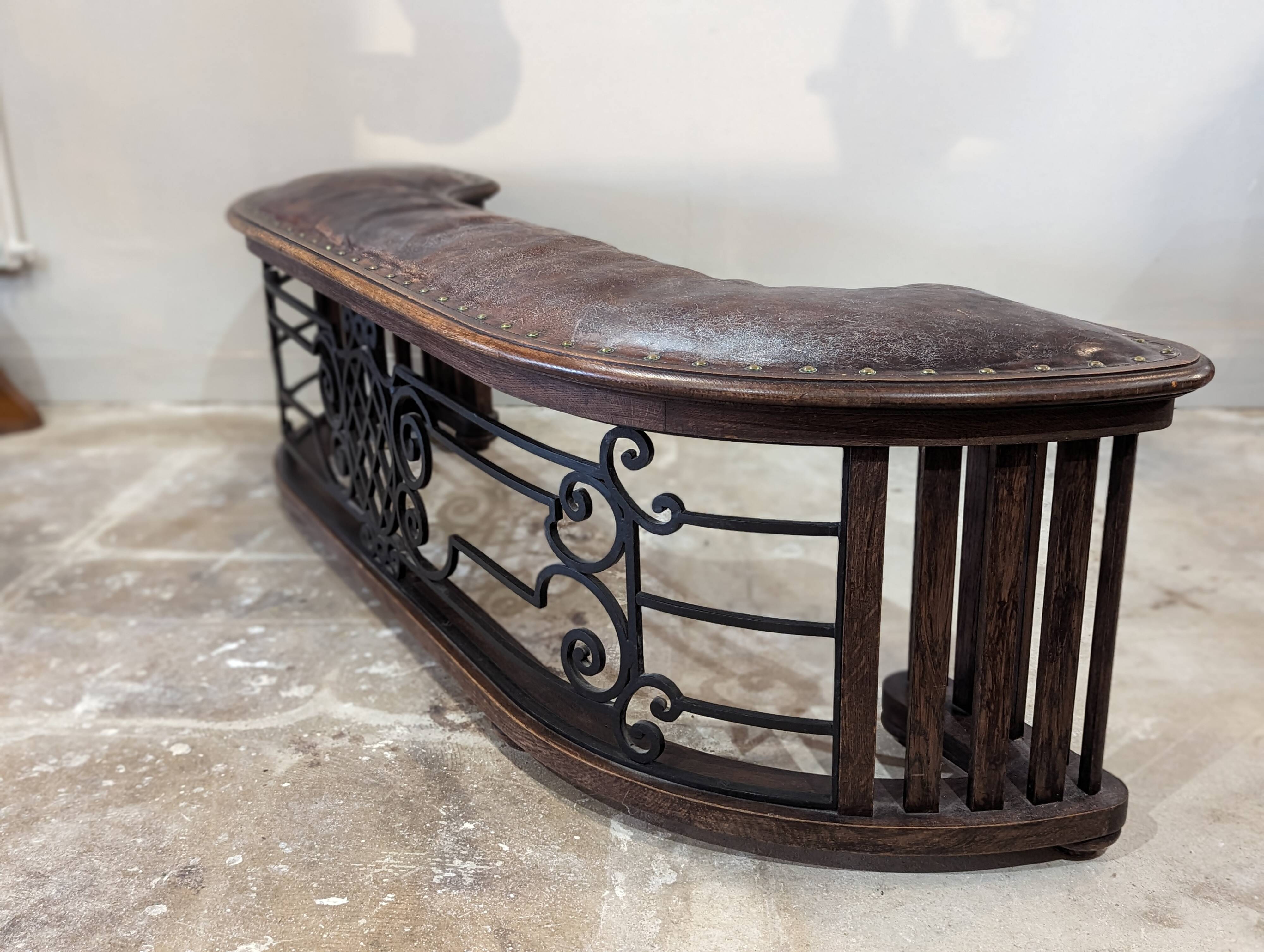 Old fireplace bench, wrought iron leather and oak