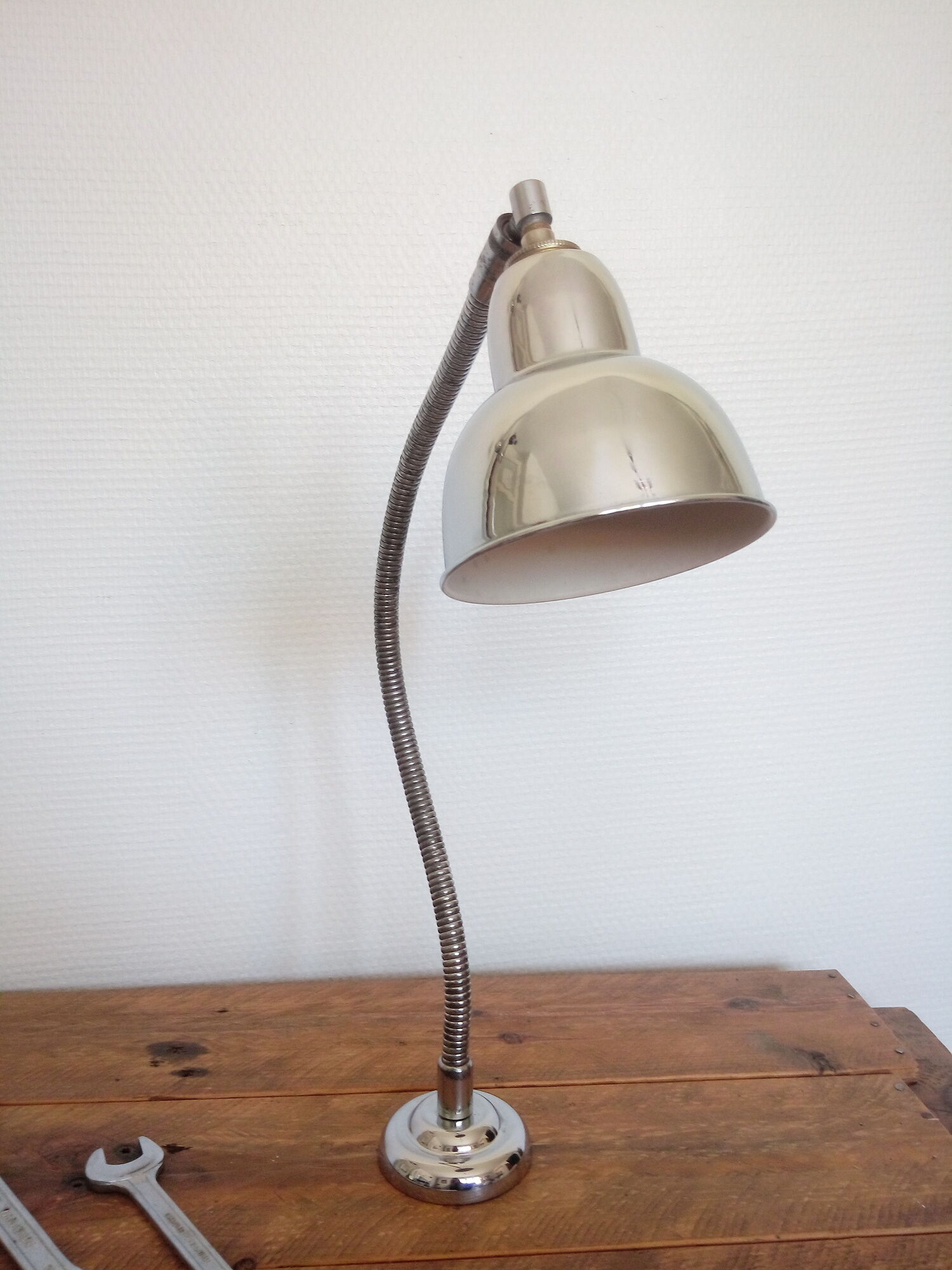 Old Elau workshop lamp / wall lamp (Joseph Laurent) in chromed metal, 1950s