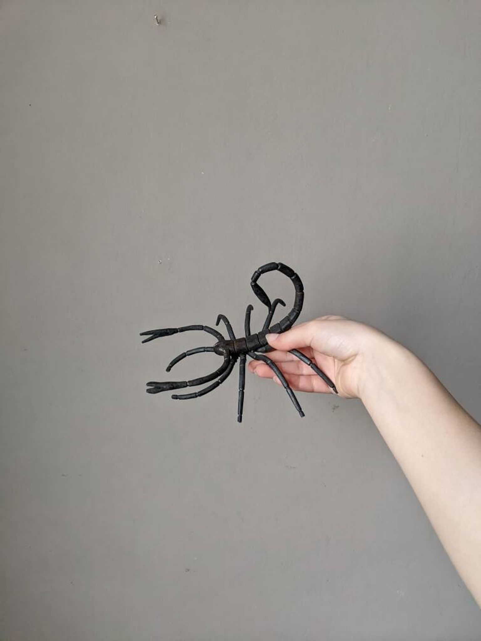 Handcrafted metal scorpion sculpture, curiosity cabinet, arthropod object