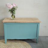 Coffre vert , couvercle en bois brut