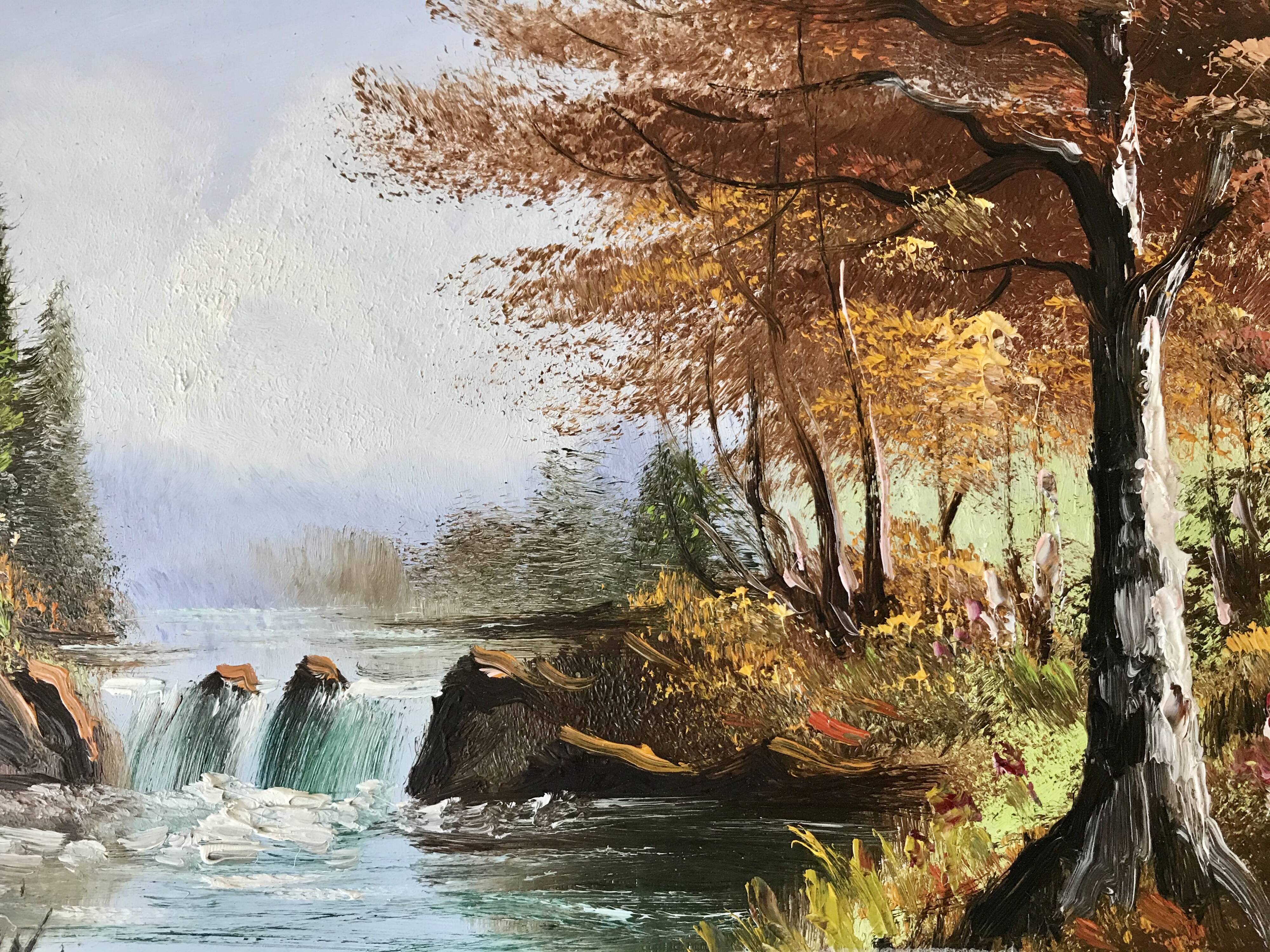 Old landscape vintage river painting signed