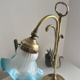 Art Nouveau style gilded brass lamp with sky blue opaline tulip