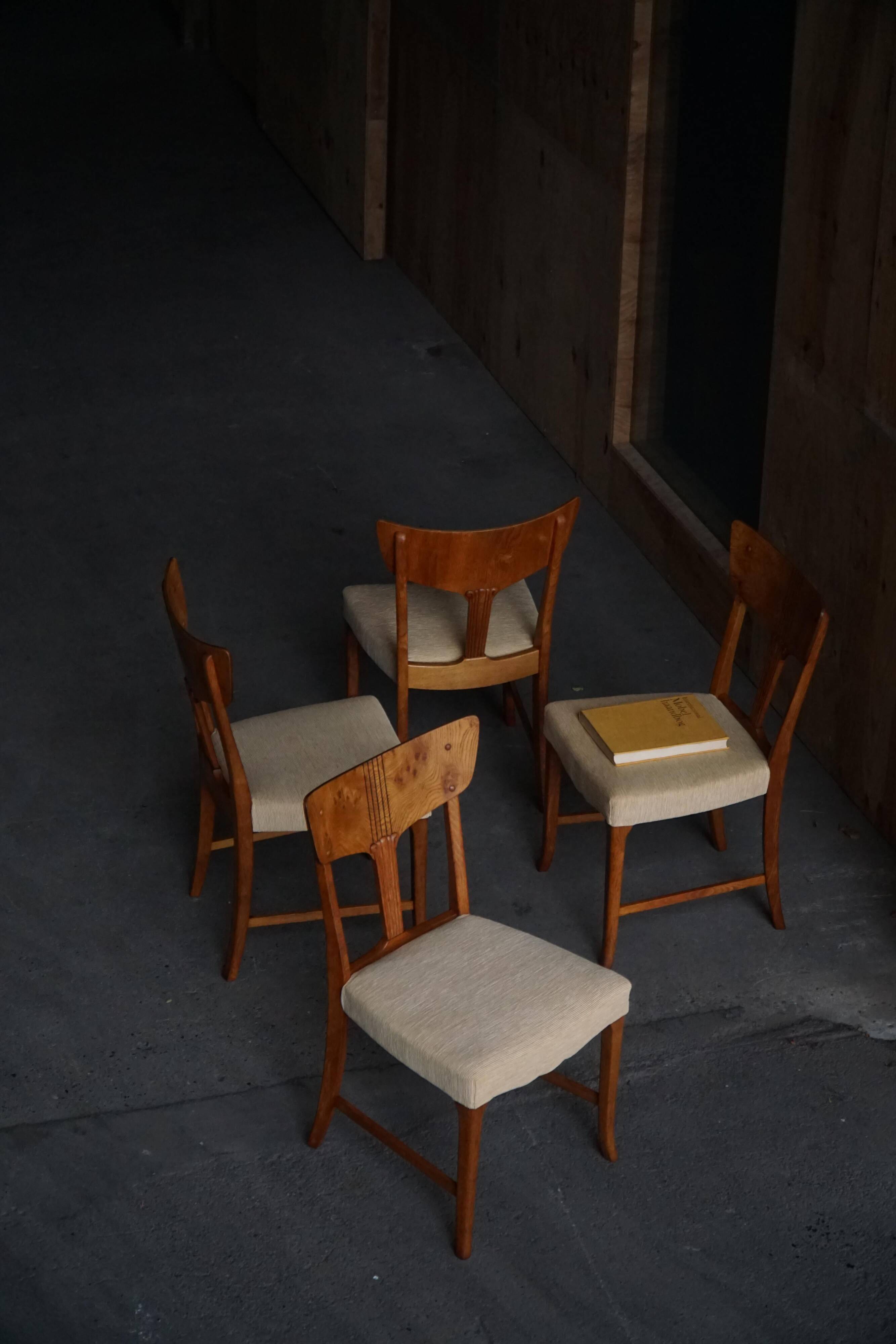 Early 20th century, set of 4 Danish Art Nouveau dining chairs, burl & velvet.