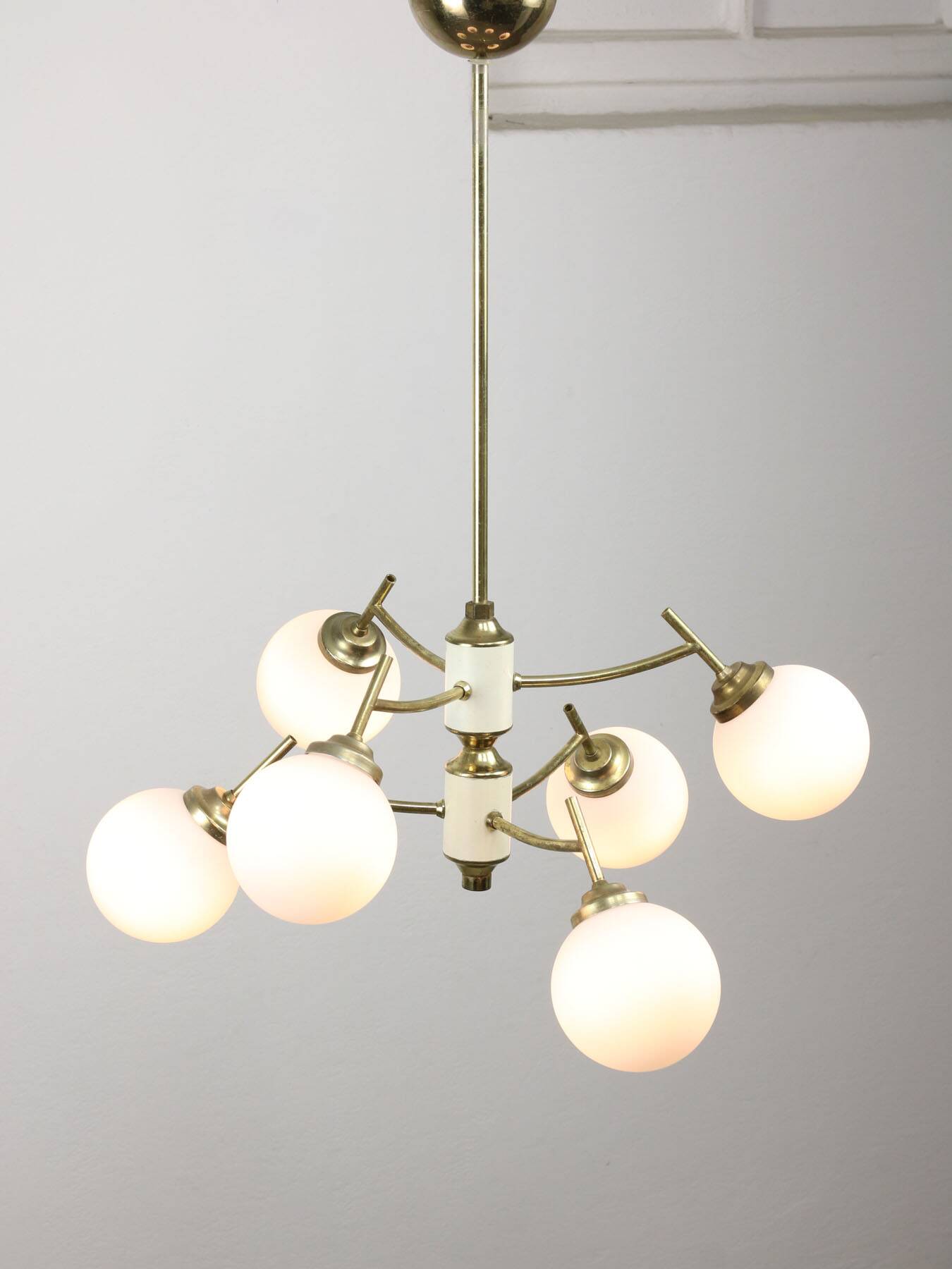 Mid-century Italian Brass and Opaline Chandelier, 50s