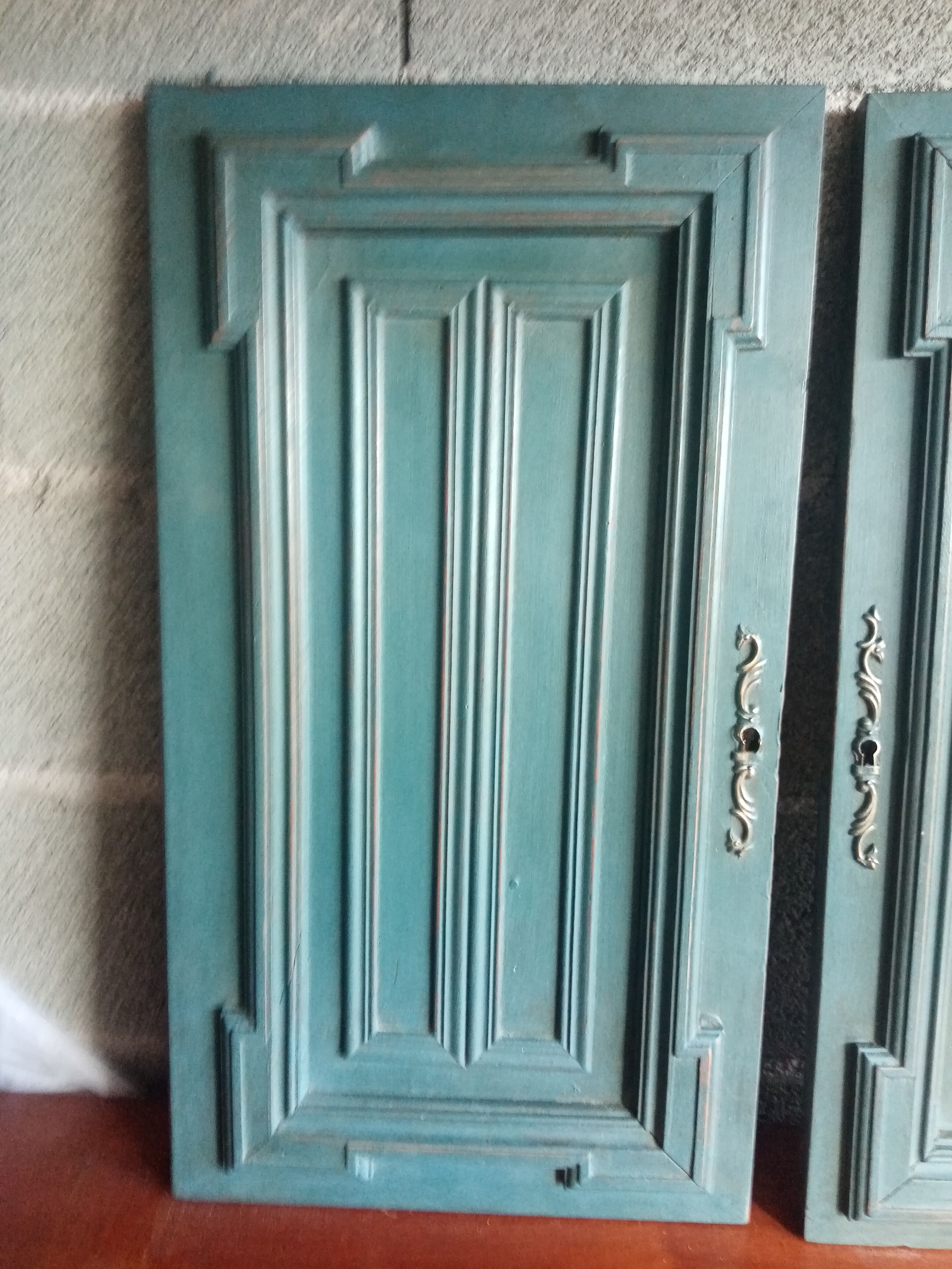 Pair Old Patinated Door Blue Aubusson Wooden Door Deco