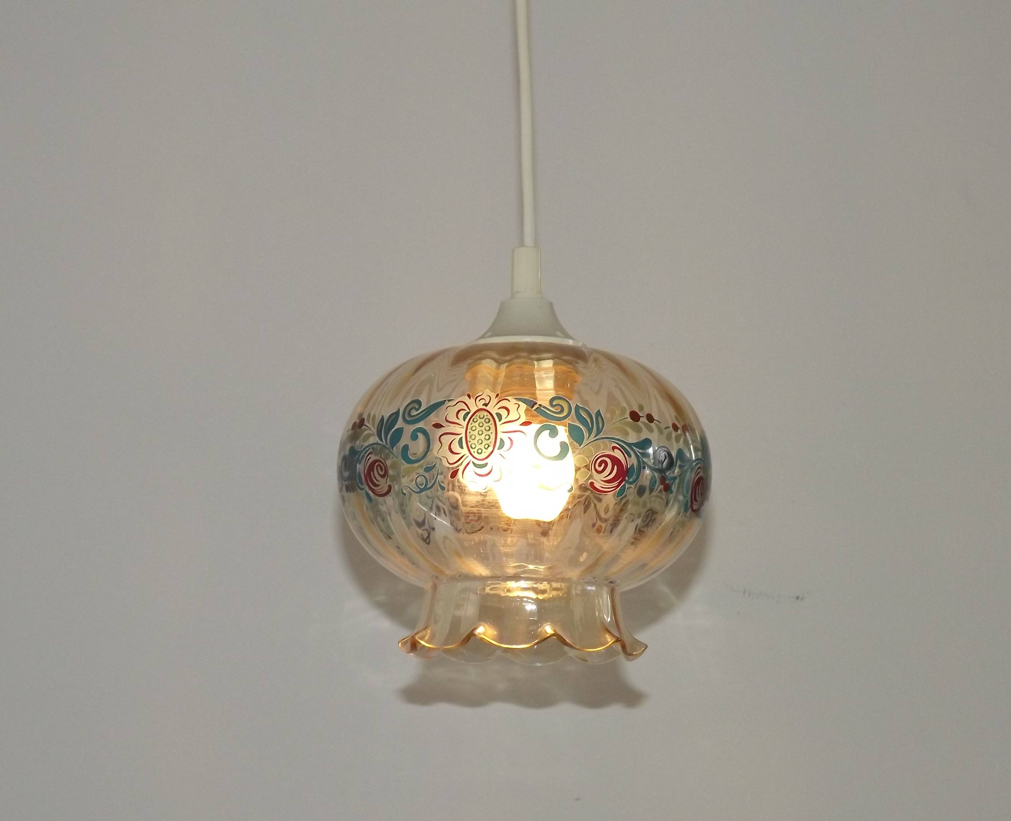 French Vintage Clear Glass Ceiling Light with Colourful Floral Decoration