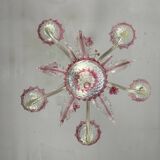 Venetian chandelier in colorless and red Murano glass, 5 light arms, circa 1950