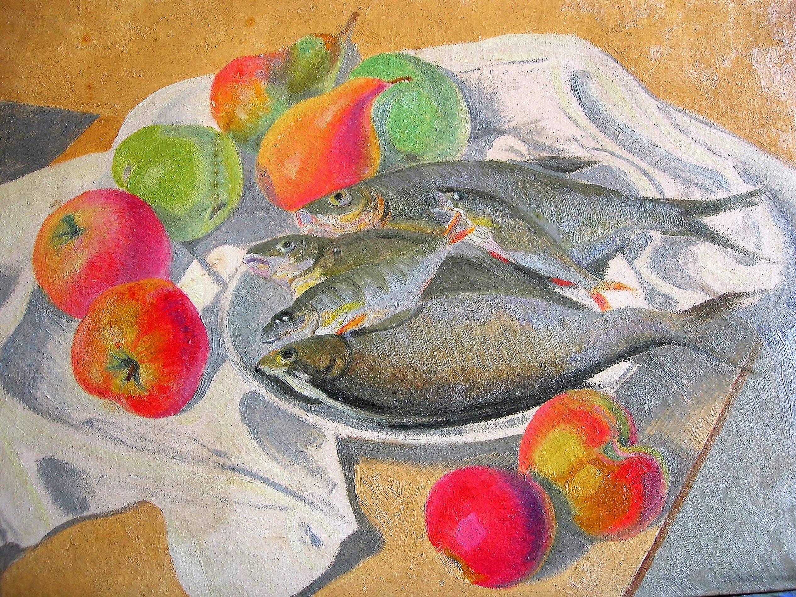 Still life with fish and fruit by Robert Vignoux (XXth)