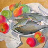 Still life with fish and fruit by Robert Vignoux (XXth)