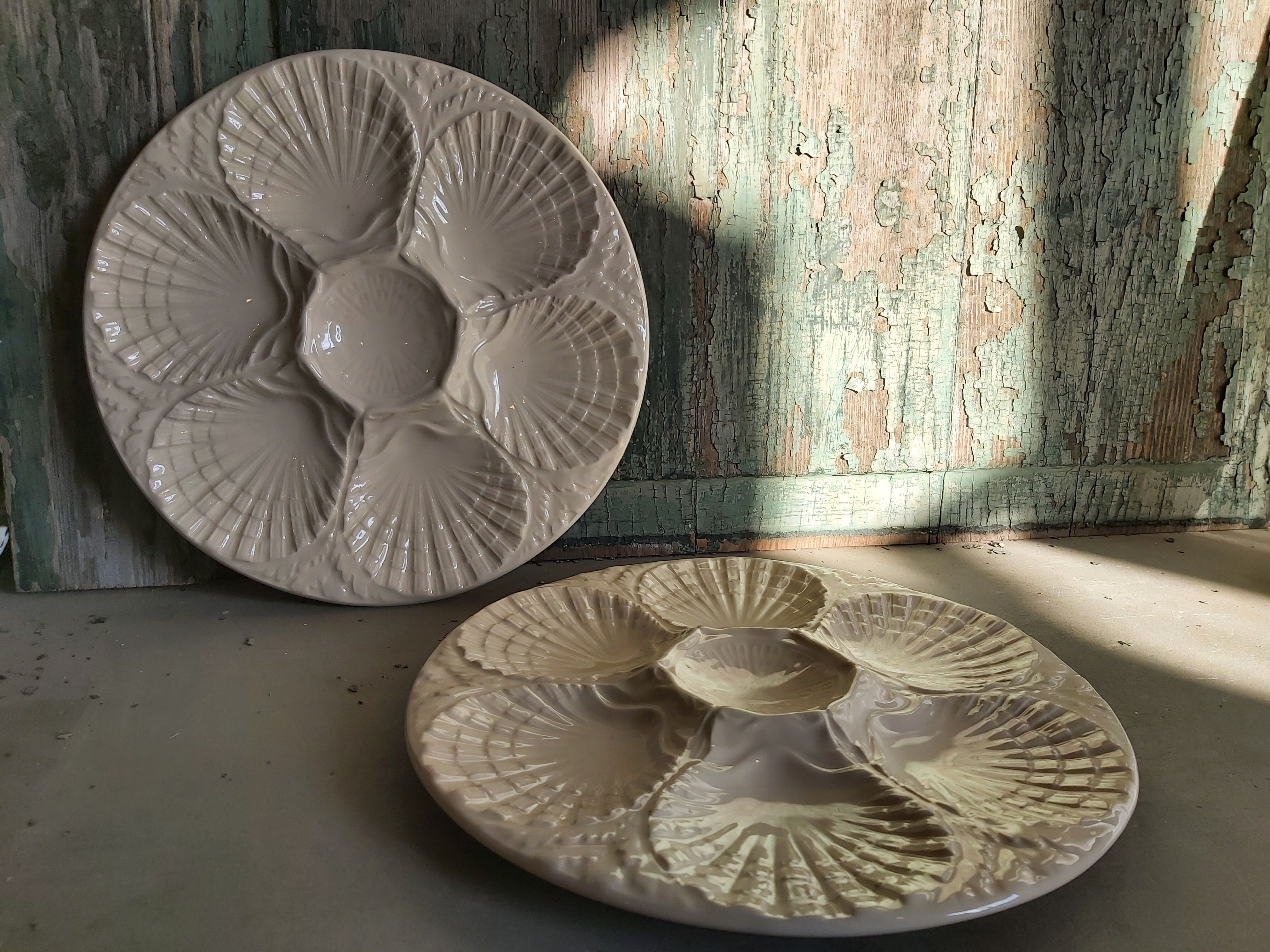 Vintage French white Majolica oyster plate