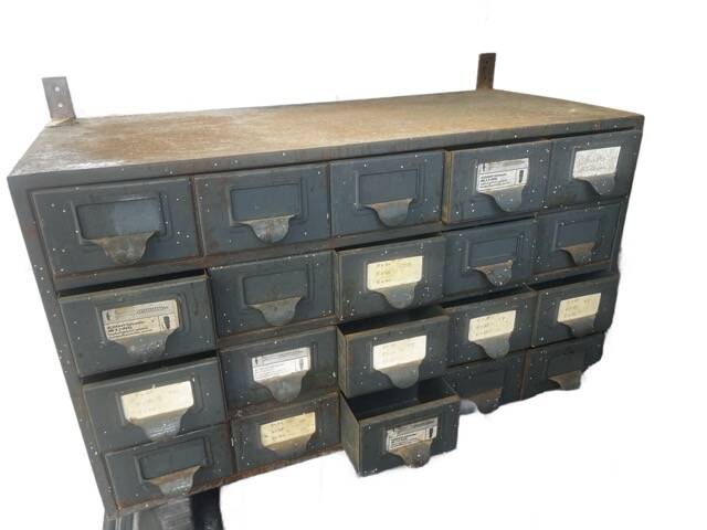 Industrial metal workshop cabinet, 20 drawers, original patina.