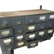 Industrial metal workshop cabinet, 20 drawers, original patina.