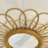 Round mirror flower sun in rattan wicker wood vintage 1960 1970 55 cm folk