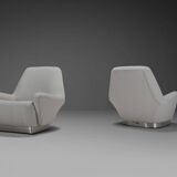 Pair of fabric and stainless steel lounge chairs by Gianni Moscatelli