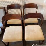 Restored - Set of 4 Baumann chairs, "Luge / Sleigh" model, 60s - Beech and cappuccino beige velvet - Scandinavian design