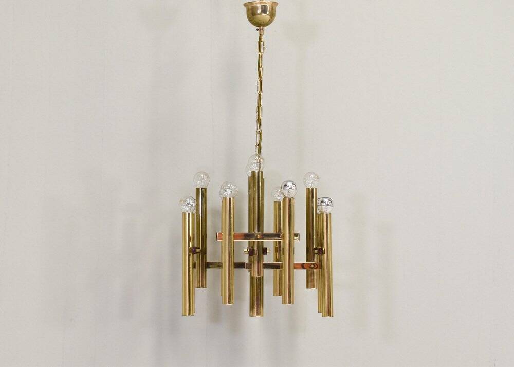 Italian brass chandelier 12 spot pendant lamp by Gaetano Sciolari, 1970s