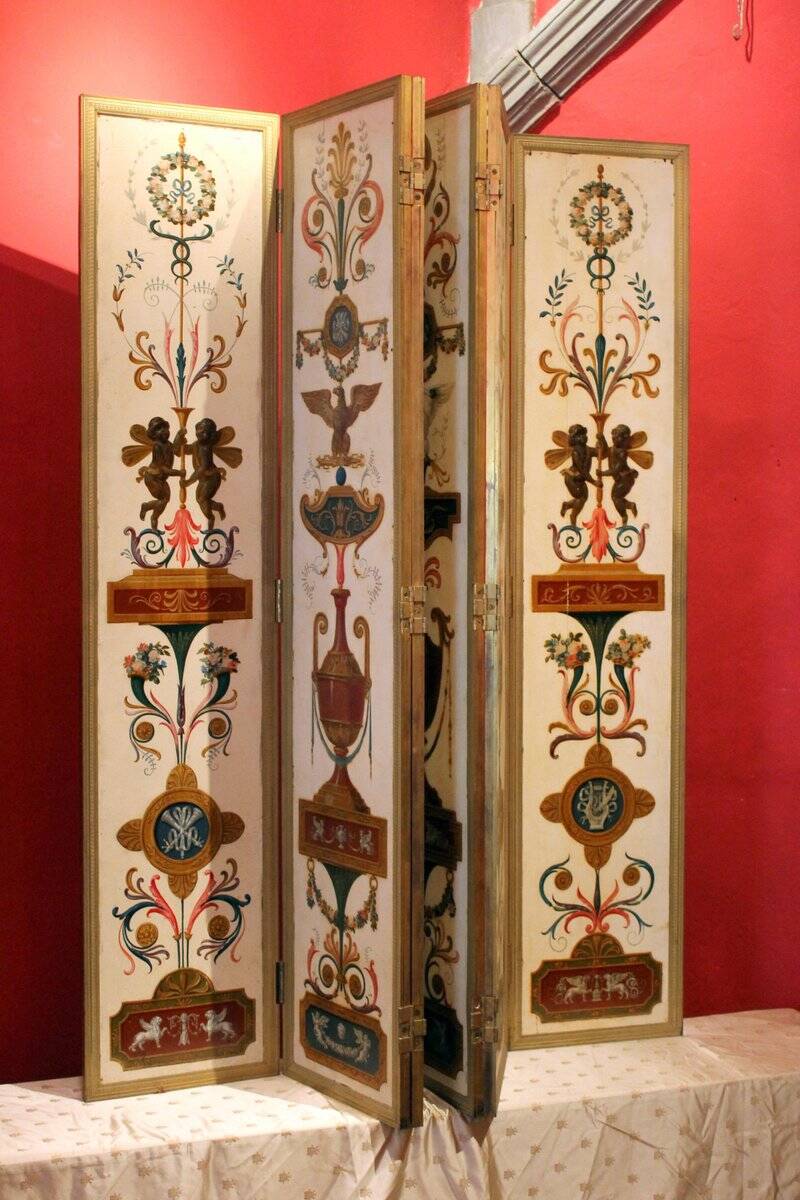 19th Century Italian Six-Panel Painted Wood Folding Screen in Gilt Bronze Frame