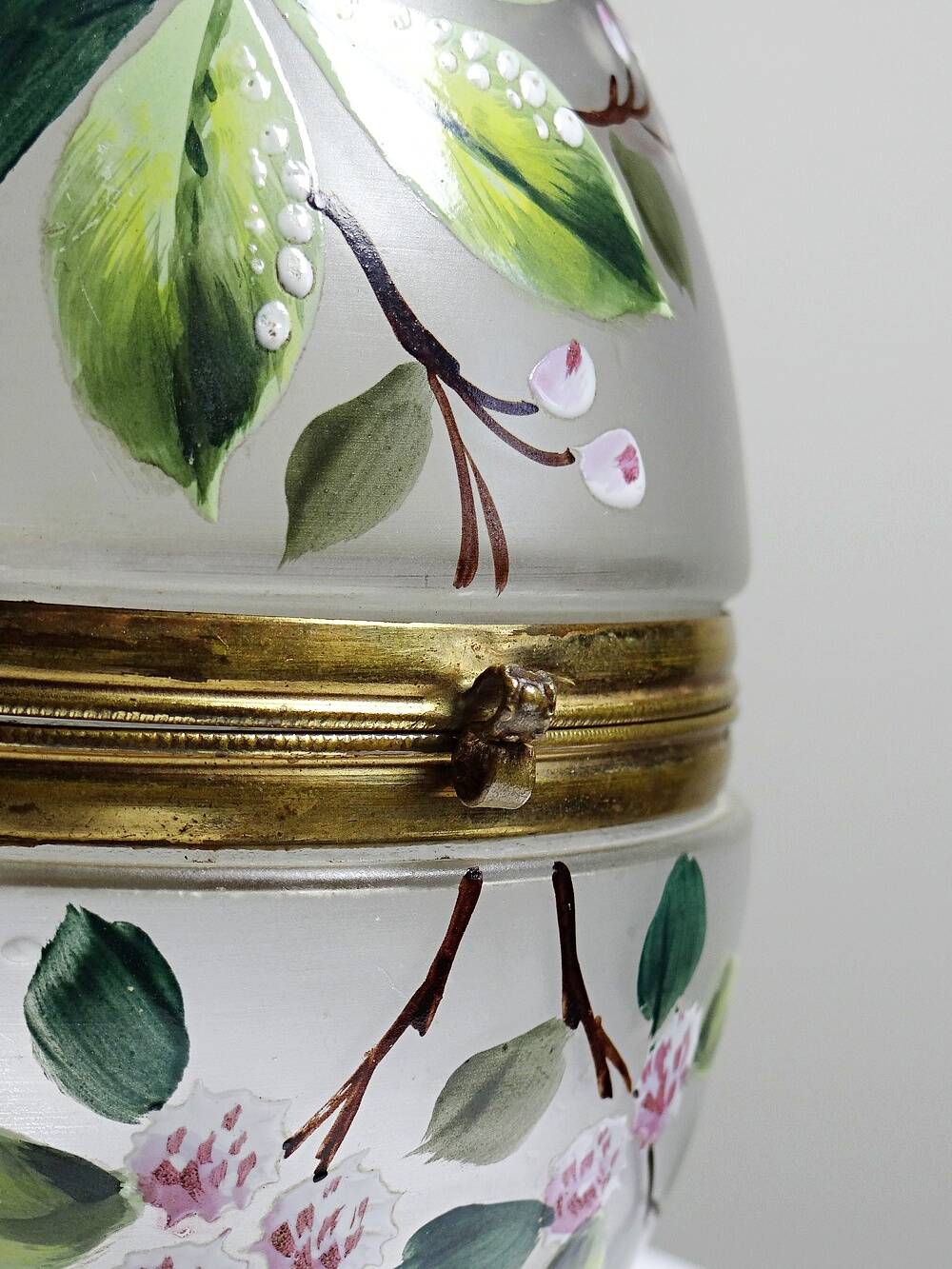 Antique 19th-20th century frosted enamelled glass and brass egg box