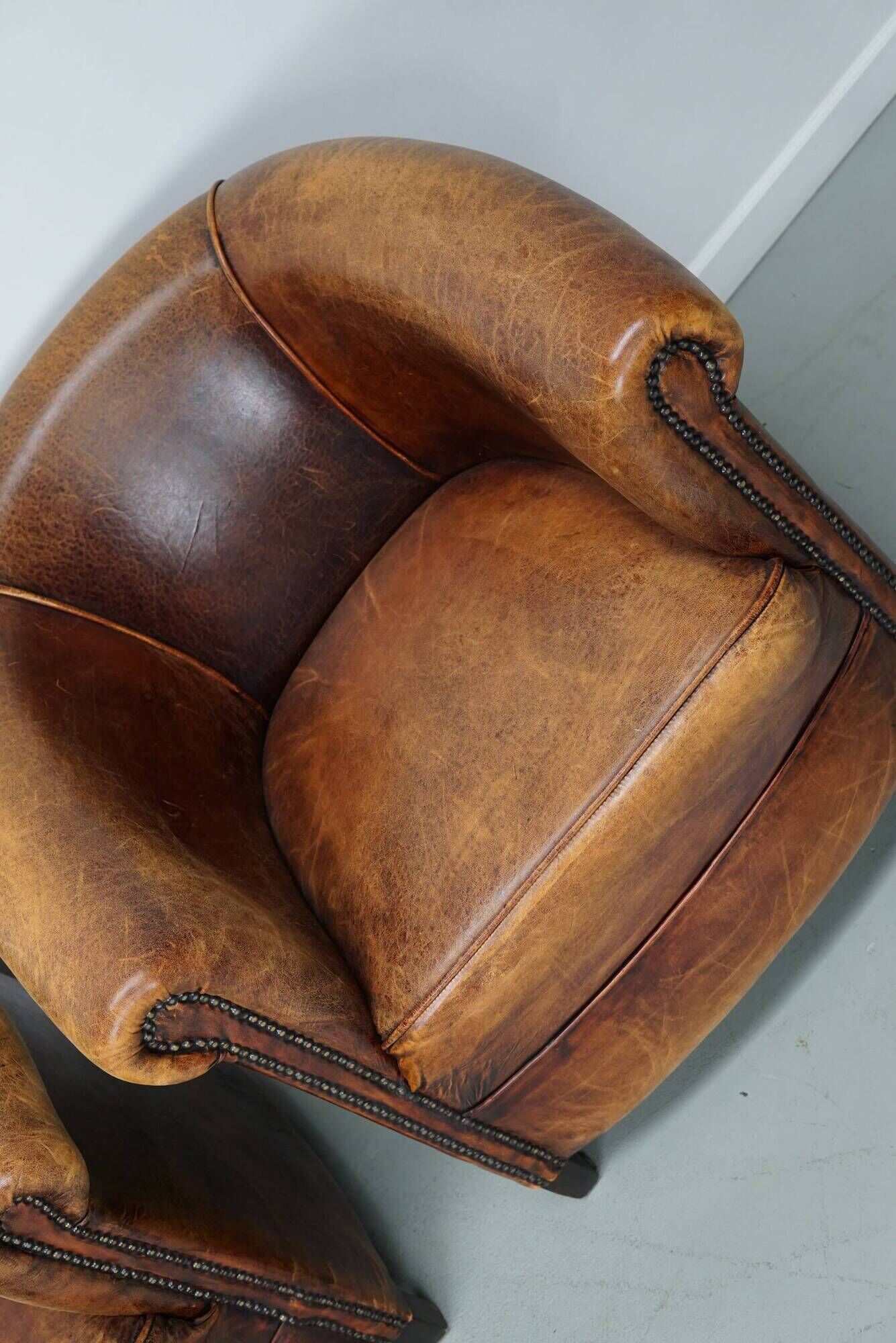 Fauteuils club vintage hollandais en cuir cognac, lot de trois