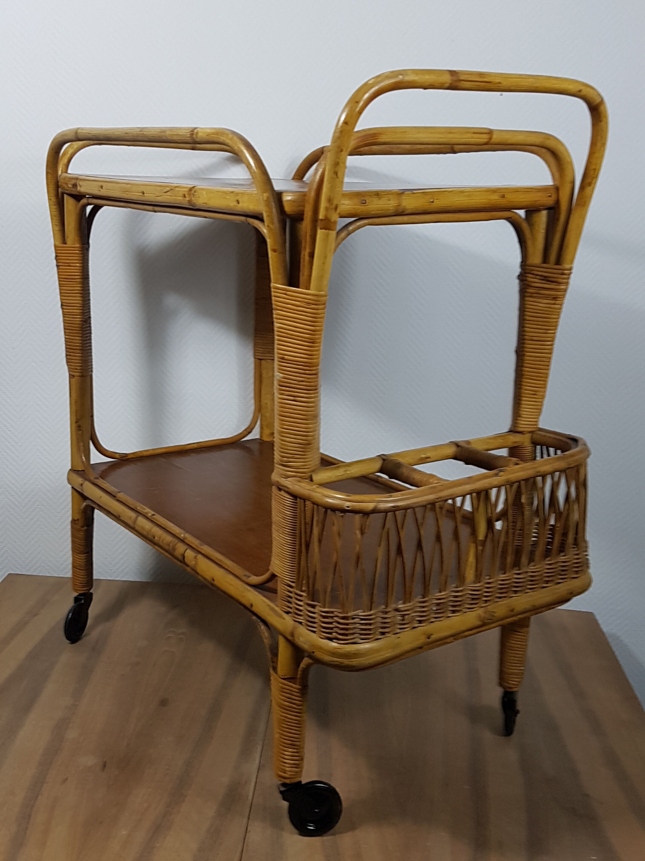 Vintage 70s rattan bar on wheels