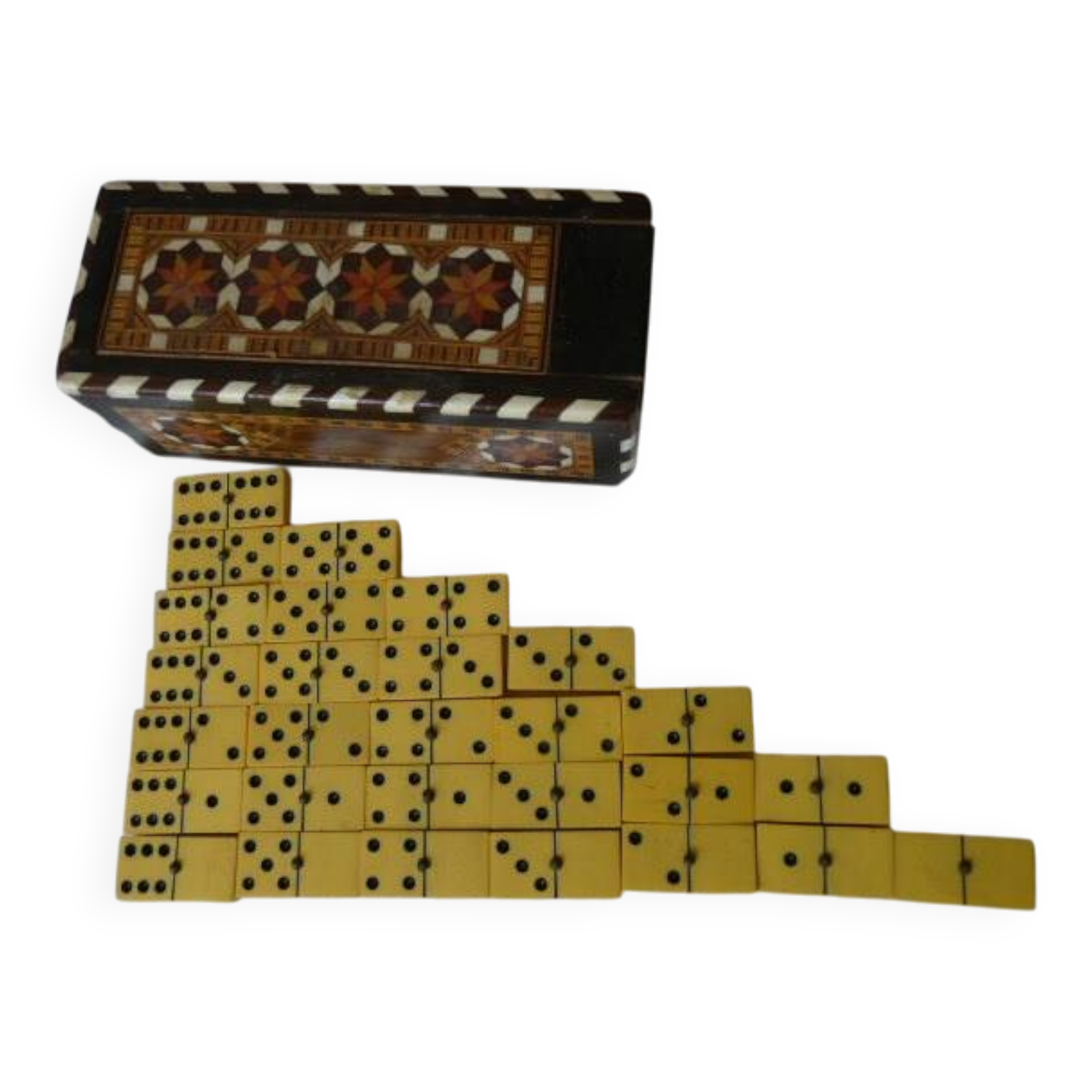 Antique Box of 28 Dominoes in Vintage Syrian Marquetry