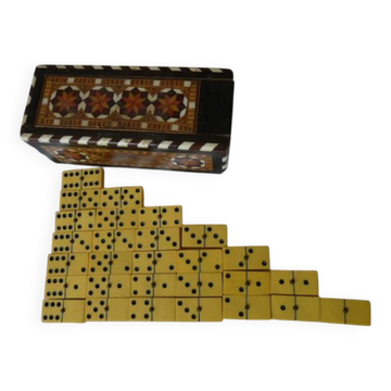 Antique Box of 28 Dominoes in Vintage Syrian Marquetry