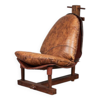 Brazilian Brutalist Patched Leather Lounge Chair, Vintage Chair from 1960s
