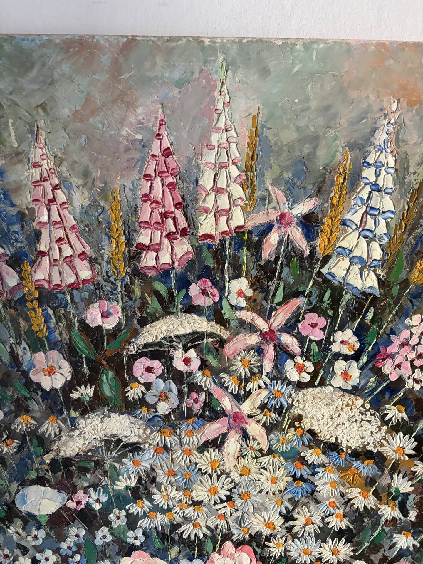 Wildflower bouquet with foxgloves, knife oil painting signed H Barro.