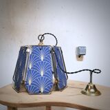 Table lamp, old turned wooden foot, metal lampshade and art deco print