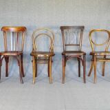 Set of 4 mismatched bistro chairs, 1900 to 1930 with wooden seats, Thonet, Baumann