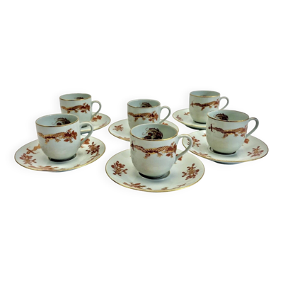 Service 6 tasses à café porcelaine Raynaud Limoges vert céladon dragon