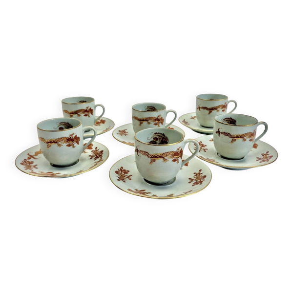 Service 6 tasses à café porcelaine Raynaud Limoges vert céladon dragon