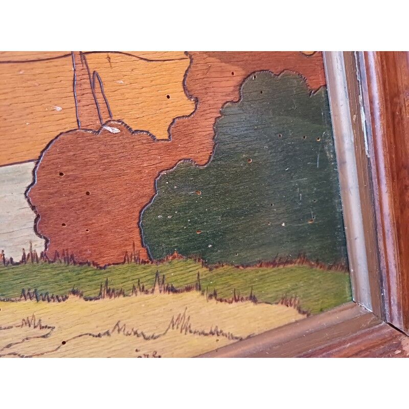 Wooden table, varnished painting signed Clavere.