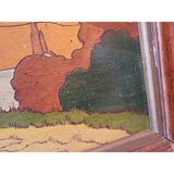 Wooden table, varnished painting signed Clavere.