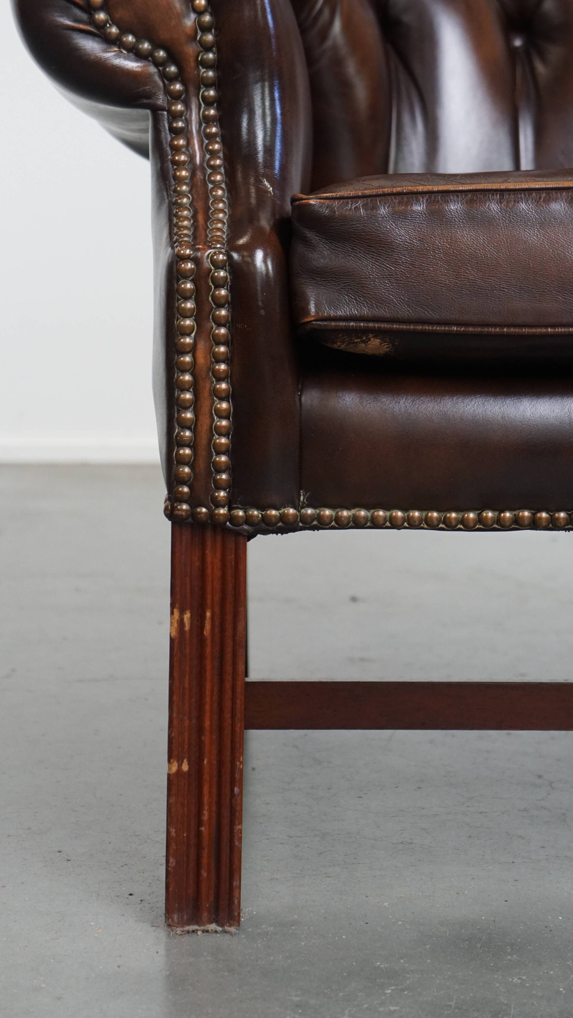 Dark Brown Cowhide  Leather Chesterfield Wingback Chair