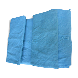 4 serviettes en coton damassées et monogrammées B, teinte bleu, art deco