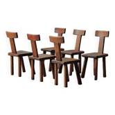 Set of 6 brutalist chairs in chestnut, France, circa 1970.