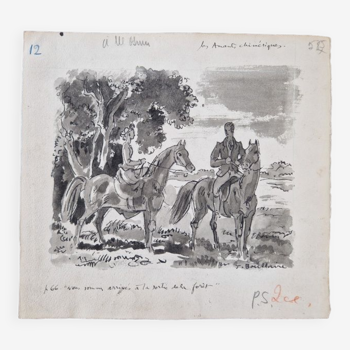 Peinture jacques boullaire (1893-1976) - encre et lavis d'encre sur papier - nous sommes arrivés à la sortie