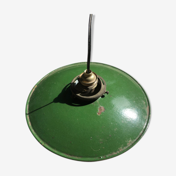 Suspension vintage tôle émaillée verte blanche diamètre 24 cm