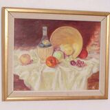 Original Swedish oil on canvas – “Still Life with Fruit and Bottle” by A.K. – vintage & framed – 40 × 48 cm (15.7" × 18.9")